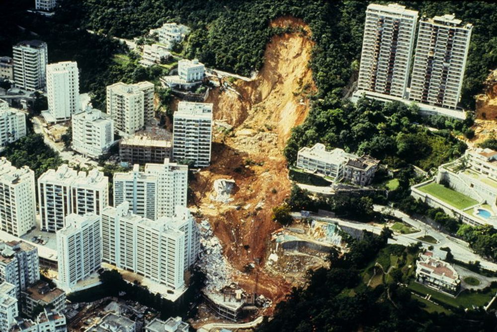 In the 1970s, landslides caused serious damage to the territory.  Pictured is the landslide on Kotewall Road, Hong Kong Island, in 1972, which led to the total collapse of the 12-storey Kotewall Court and its nearby 6-storey building.