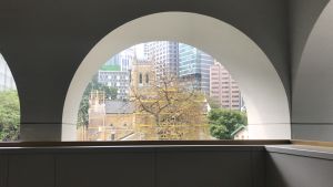One of the characteristics of Murray Building is the three-storey high circular arch corridors at the bottom of the building. By looking out at the arches, you can see views of St. John’s Cathedral, banks and commercial high rises, etc.