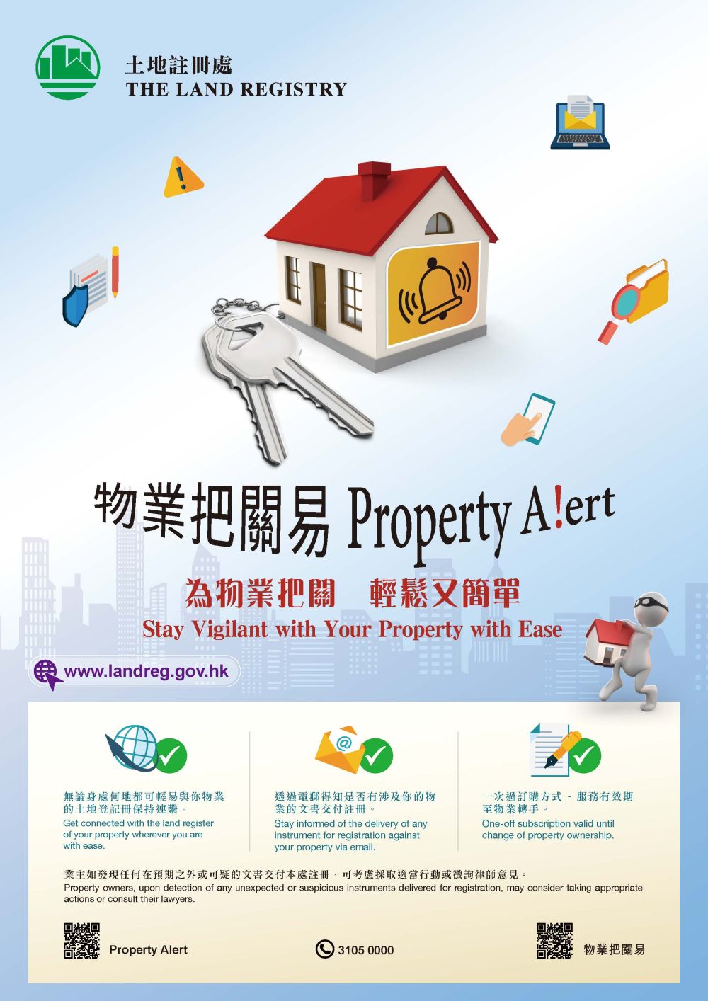 The LR’s “Property Alert” service enables property owners to remain vigilant of their properties easily by keeping track of the land registers anywhere in a quick and inexpensive manner.
