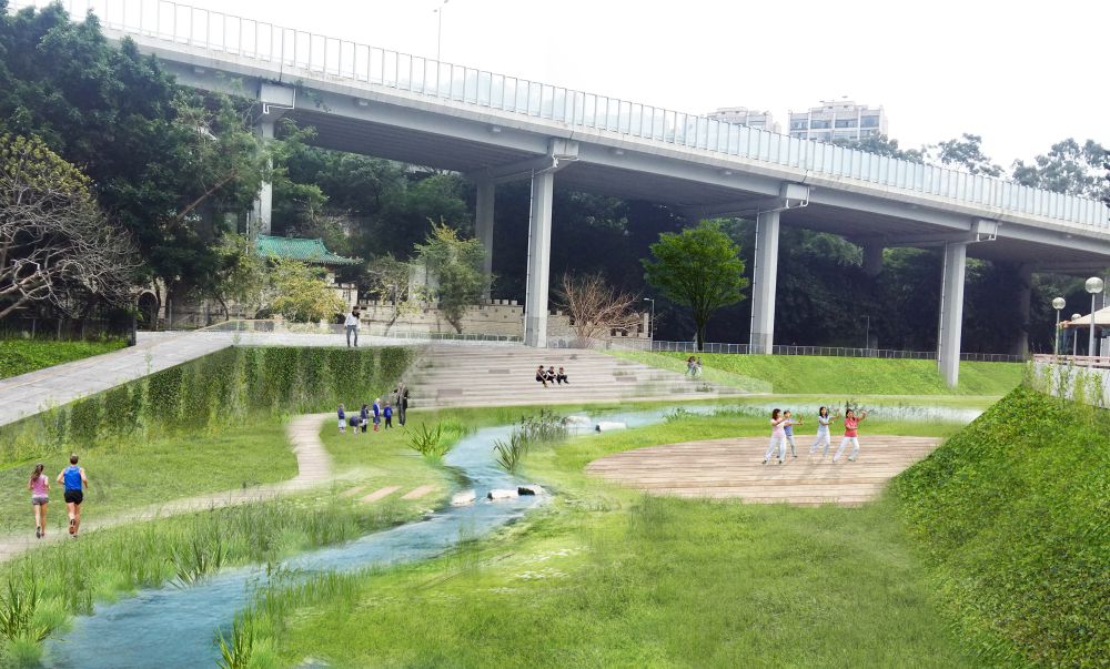 As shown in the artist’s impression of the revitalisation of Tai Wai Nullah, the drainage channel will be revitalised into a large green space. One of the project highlights is to study the feasibility to allow public access to the channel for water-friendly activities.