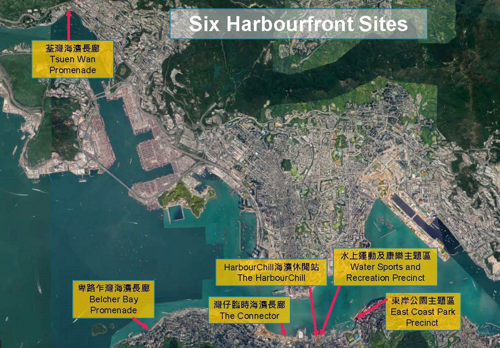 The Development Bureau and the HC have launched the new “pop-up” summer precincts at six harboufront sites as shown in the picture for this summer.
