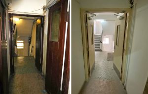 After rehabilitation, smoke doors (photo on the left) in the staircases have been replaced with new ones (photo on the right).