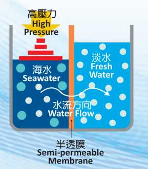 逆滲透的原理是透過向含鹽分的海水加壓，使水份通過半透膜流向淡水方向，半透膜會阻擋鹽分、雜質和微生物等，以淨化海水。