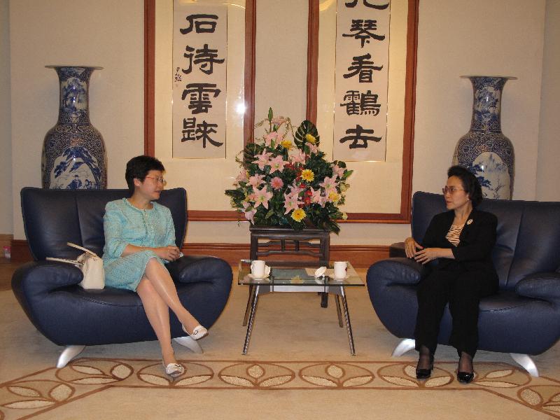 The Secretary for Development, Mrs Carrie Lam, pays a courtesy call on the Chinese Ambassador to Singapore, Ms Zhang Xiaokang.