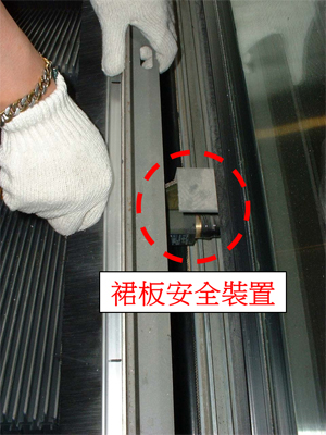 3. 裙板安全裝置-當在裙板與梯級之間有外物被擠夾時，裝置會掣停自動梯。