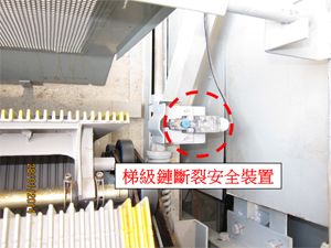 9. Broken step chain safety device-If any breakage or undue elongation of the chains of the steps, pallets or belts is detected, the device will stop the escalator. 