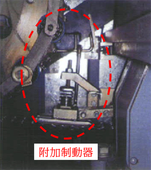 14. 附加制動器-附加制動器是主制動器以外的另一重制動裝置，在特定的情況下輔助主制動器掣停自動梯。