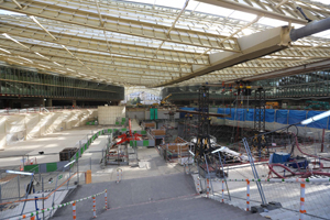 Construction in progress at the entrance to the underground shopping mall and railway station at Les Halles, Paris.