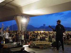 A band stages a performance at the site