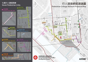 The long-term pedestrian linkage network proposals for the Kowloon Bay Business Area formulated by the EKEO.