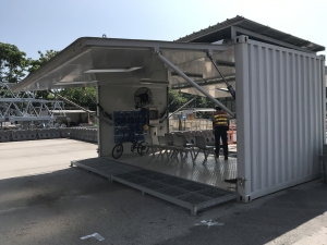 The Tai Po Training Ground is equipped with several classrooms and mobile shelters, providing mist fans, storage racks for helmets and a water filtering system.