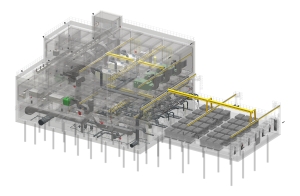 With BIM is used to visualise in detail the internal complex building structure and the electrical and mechanical components of the facility in 3D and 4D formats.  Pictured is a BIM model of the Shek Wu Hui Sewage Treatment Works Membrane Facilities Building.