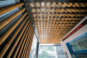 The self-service library station uses environmental-friendly construction materials.  For example, the bamboo-tube ceiling and the bamboo-strip screen can introduce natural light and enable natural ventilation, which will in turn reduce energy consumption.