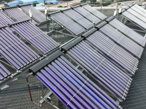The solar hot water panels installed on the rooftops of the hospital towers generate hot water for hospital use.