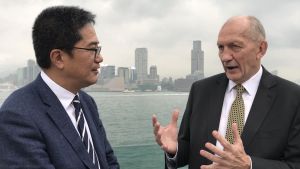 Mr Michael WONG, Secretary for Development (SDEV), invited Mr Nicholas BROOKE (right), Chairman of the Harbourfront Commission, to talk about his vision on harbourfront development.