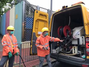 Pictured is the DSD’s high-pressure water jetting unit on which a high-pressure water jet is installed.  It can flush away the blockage and unclog the drains to restore their effectiveness.