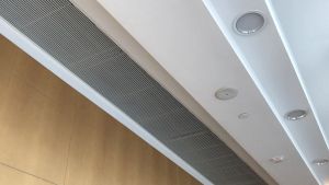 The solar chimney system installed in the foyer of the community hall facilitates natural ventilation.