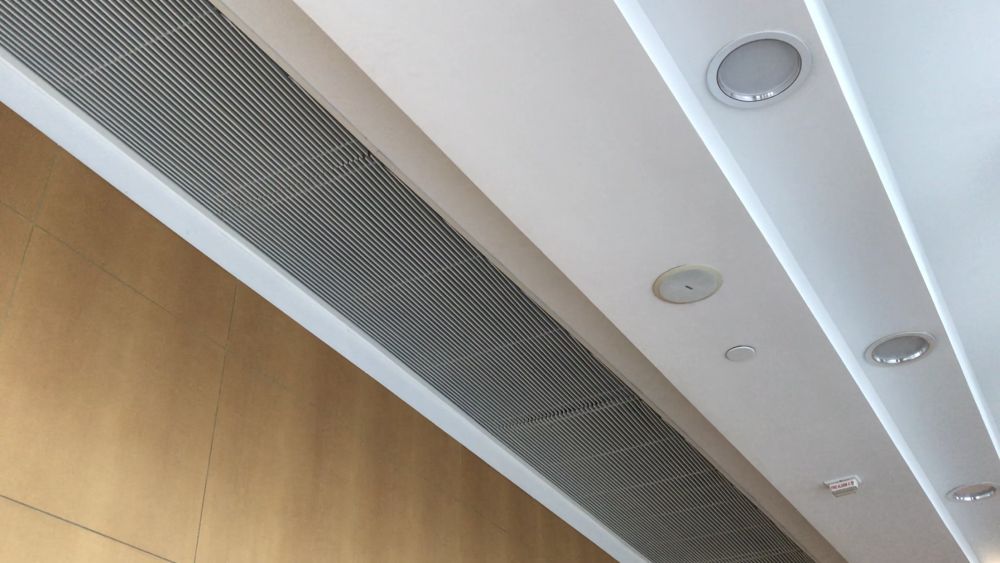 The solar chimney system installed in the foyer of the community hall facilitates natural ventilation.