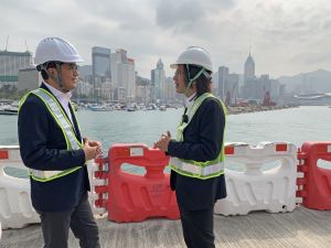 Mr Michael WONG, SDEV, (left) and Mr Vincent Ng (right) took the chance to visit the breakwater next to the Causeway Bay Typhoon Shelter to learn more about the planning details of several key enhancement projects that stretch from Wan Chai North to North Point. Pictured is the proposed “Revitalised Typhoon Shelter Precinct” site at the typhoon shelter. 