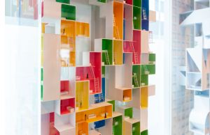 In this model, an architect showcases his creativity by adopting a LEGO brick design for floor zones and assembling the pieces into a tower.