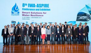 The 8th International Water Association Asia Pacific Regional Group Conference and Exhibition was recently held in Hong Kong. The Chief Executive, Mrs LAM CHENG Yuet-ngor, Carrie (front row, eighth right), is pictured with all the officiating guests at the opening ceremony.