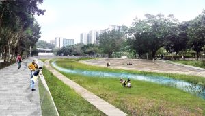 As shown in the artist’s impression of the revitalisation of Tai Wai Nullah, the drainage channel will be revitalised into a large green space. One of the project highlights is to study the feasibility to allow public access to the channel for water-friendly activities.