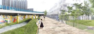 The Fo Tan Nullah will be transformed into a green corridor. Another feature of the project is to reserve suitable space for accommodating works of community arts for the appreciation of the public along the riverbank, provided that the drainage capacity and river management will not be affected. Pictured is the artist’s impression of the nullah after revitalisation.