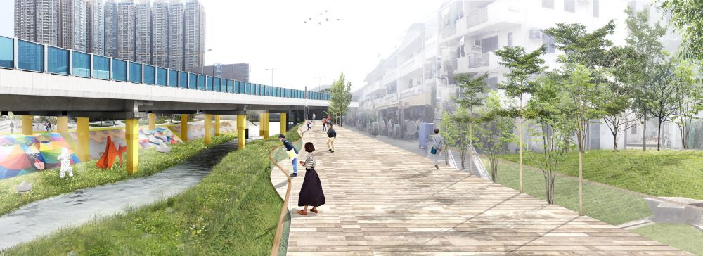 The Fo Tan Nullah will be transformed into a green corridor. Another feature of the project is to reserve suitable space for accommodating works of community arts for the appreciation of the public along the riverbank, provided that the drainage capacity and river management will not be affected. Pictured is the artist’s impression of the nullah after revitalisation.
