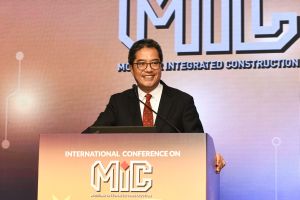 The SDEV, Mr Michael WONG, delivers welcome remarks at the International Conference on Modular Integrated Construction during the CIExpo.