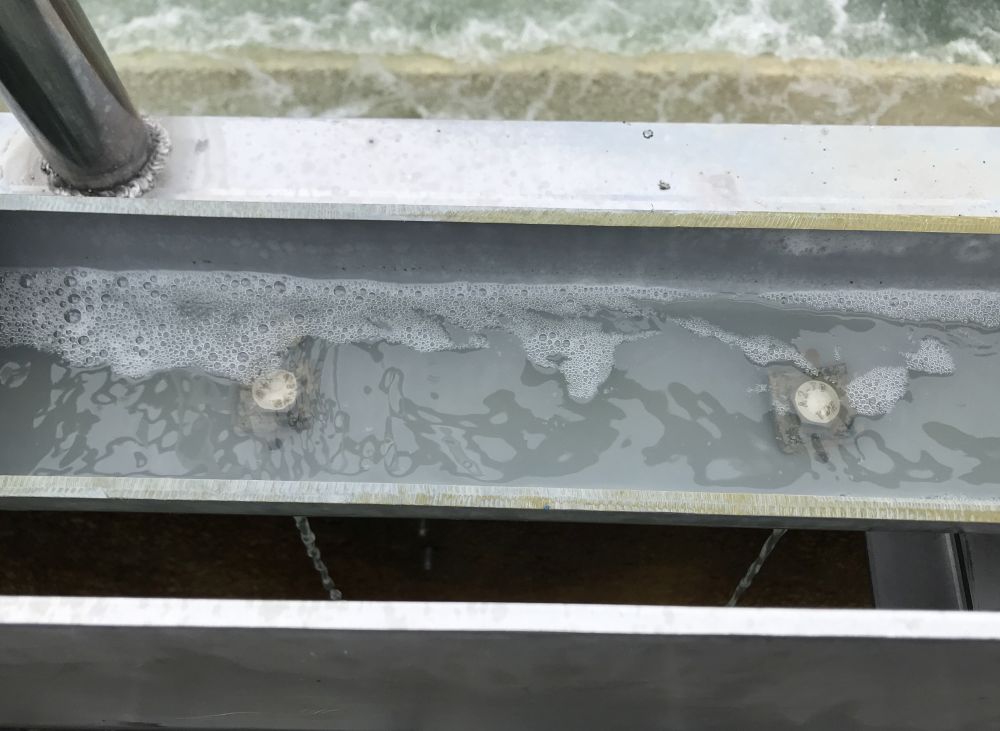 The Chief Waterworks Chemist, Mr Kelvin KWOK, says a chemical named alum can coagulate impurities in water to facilitate sedimentation. The picture shows alum is flowing into the raw water through the small holes of the pipe.