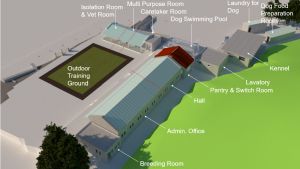 The design concept of the new guide dog training school. The site investigation has been completed. Renovation is expected to kickstart within this year and due for completion next summer at the earliest.