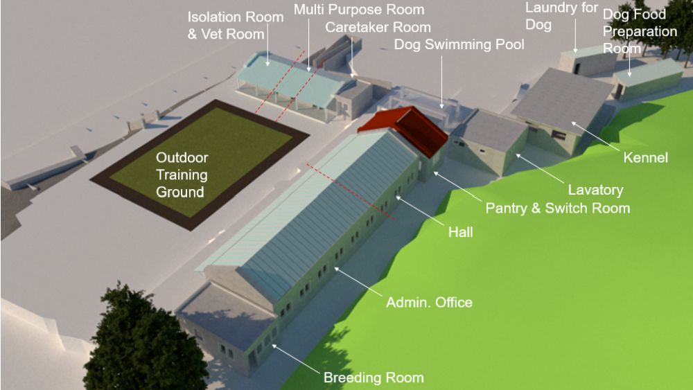 The design concept of the new guide dog training school. The site investigation has been completed. Renovation is expected to kickstart within this year and due for completion next summer at the earliest.