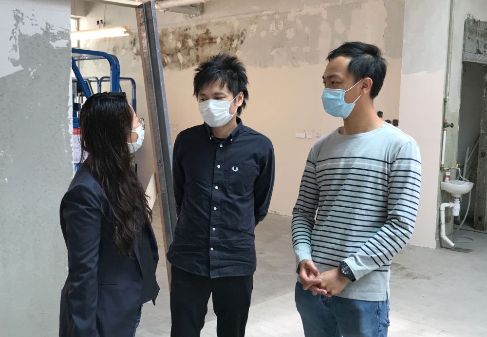 The DEVB conducts inspections and takes part in works progress meetings when the former school premises are under renovation. From left: Ms YAU Ka-man, Officer-in-charge of the Kam Kwong Integrated Community Service Center; Mr CHAN Tin-lai, Mike, Quantity Surveyor (Planning) of the DEVB, and Mr HO Chi-kin, Stanley, Service Development Officer of the centre. 