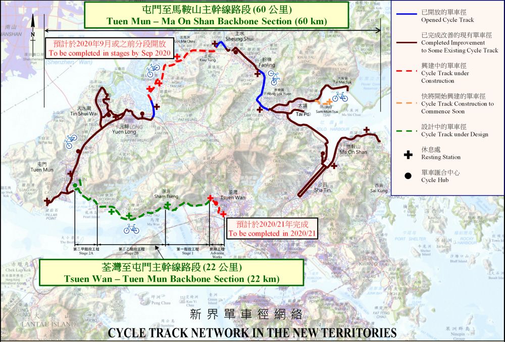 Pictured is the NT Cycle Track Network comprising the Tuen Mun – Ma On Shan backbone section and the Tsuen Wan – Tuen Mun backbone section.