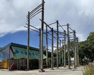 For the sake of safety, at the beginning of the course, students for tree climbing will first practise on a wooden structure made of iron pipes and bamboo sticks.