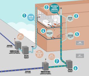 An illustration of a drainage system comprising traps, anti-syphonage pipes and ventilating pipes.