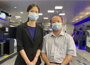According to Senior Engineer (Health Sector) of the Electrical and Mechanical Services Department (EMSD) Miss CHENG Shuk-fong, Justine (left), and Chief Technical Officer (Health Sector) Mr TANG Choi-chin (right), in order to support the setting up of a large number of quarantine units at the Chun Yeung Estate in Fo Tan in a short time, the department had to quickly organise a cross-divisional project team, mobilising about 70 staff members to participate in the task.