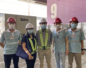 Chief Building Services Engineer of the Architectural Services Department, Mr CHAN Ming-yee (centre) says that eight chillers and about 120 Mobile Modular High Efficiency Particulate Air Filtering Units will be installed to ensure that the exhibition halls will be suitable for use as a community treatment facility. Mr CHAN Ming-yee is pictured with his colleague and the contractor’s staff.