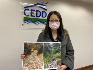 Senior Geologist and representative of the consultant, Miss Kitty CHAN, says that the project team has adopted soil bioengineering measures to design and improve the natural terrain.