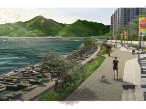 可持續大嶼辦事處正積極推行多方面的工作，包括在東涌東擴展區建造海濱長廊，並引入生態海岸線，未來更會在東涌河建設河畔公園。圖為生態海岸線的構想圖。