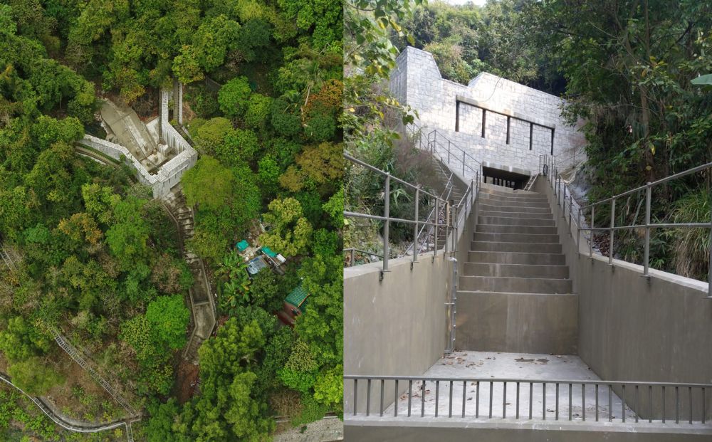 Pictured is the rigid debris-resisting barrier at Shek Pai Wan of Aberdeen and its front view.