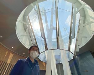 Architect of the ArchSD, Mr LO Yee-cheung, Adrian, says the skylight in the shape of an inverted glass cone beside him is the design highlight of the entire Sai Lau Kok Garden redevelopment project.