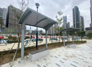 The cycling entry/exit hub has a cycle practising area, sheltered benches, etc.