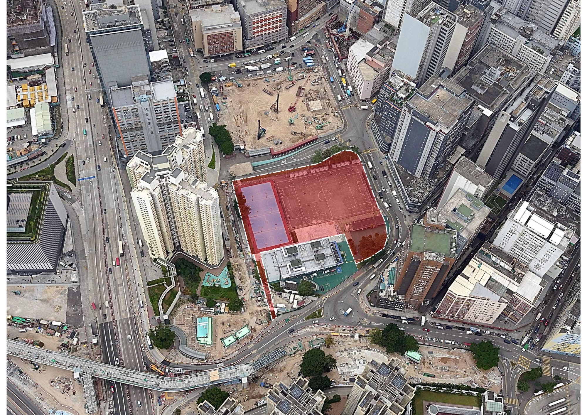 The EKEO is taking forward the projects of the district open space, sports centre and public vehicle park at Sze Mei Street, and the redevelopment of the Choi Hung Road Playground and Sports Centre (including Choi Hung Road Market). The area coloured red in the picture indicates the site of the district open space at Sze Mei Street project.
