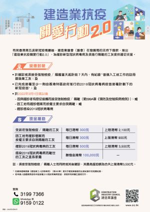 The CIC, with the DEVB’s support, has allocated $123 million to roll out the Construction Industry Caring Campaign 2.0 and continues to provide appropriate support to workers diagnosed with COVID-19 and requiring isolation.