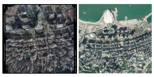 It can be seen in the aerial photograph on the left that the buildings are displaced outward from the centre of the photograph with the positions of building roofs and bases deviated. In the photograph after “orthorectification” (right), most of the building displacements have been improved.