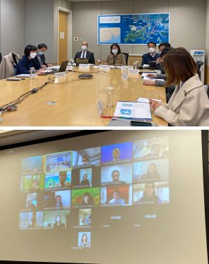 The SDEV, Ms Bernadette LINN (fourth left) meets with the representatives from the banking sector via video conferencing, introducing various proposals on the artificial islands project and inviting the banking sector to offer advice on financing options.