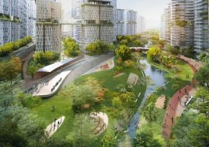 Seven liveable living communities on the artificial islands will be connected by a green mass transit system and separated by blue-green corridors with green waterfront promenade along the shoreline. Pictured is the rendered illustration of the blue-green corridors between the living communities.