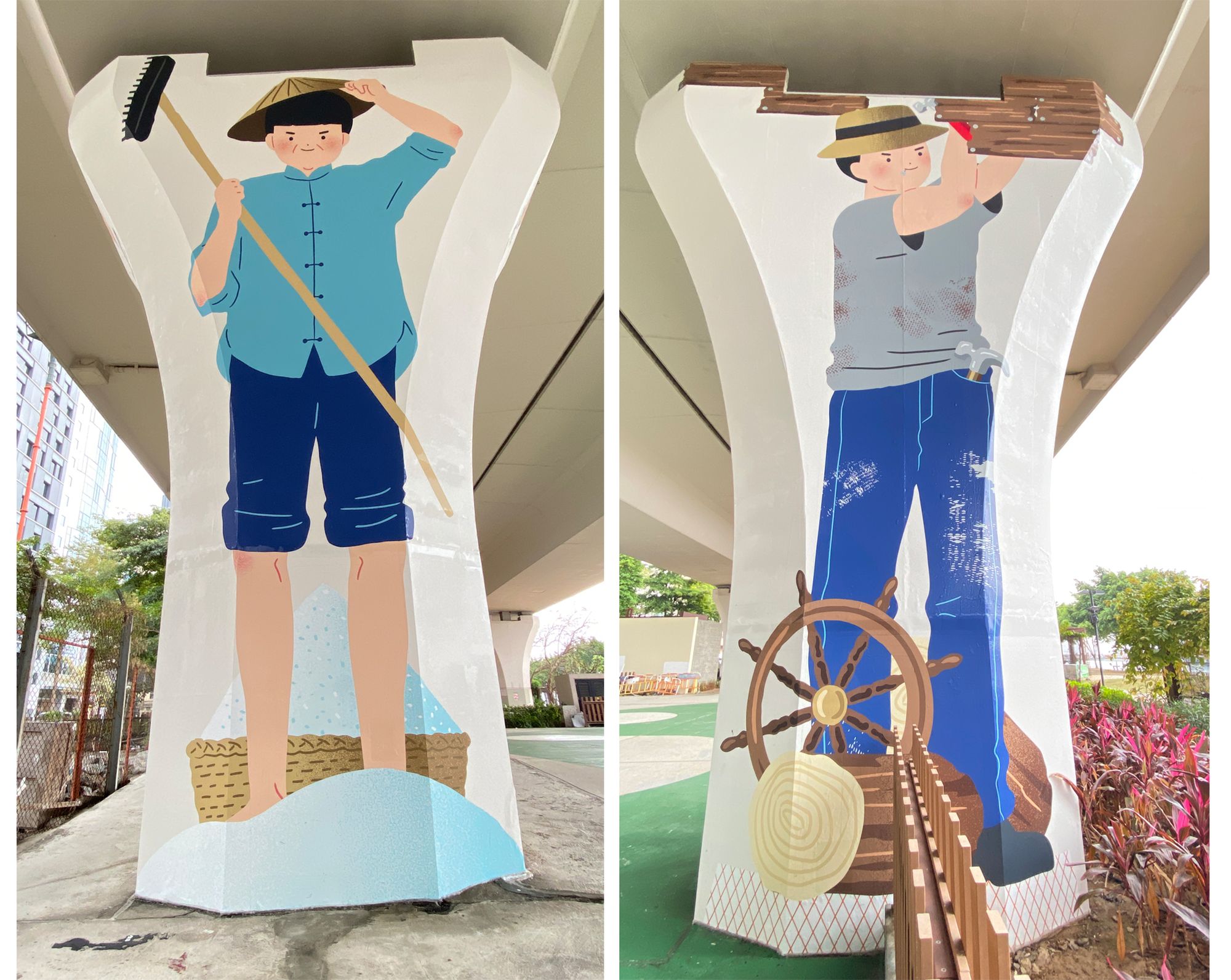 Kwun Tong was the area where the salt industry was developed during the Sung Dynasty, and the ship building industry was developed in the 50’s and 60’s. Relevant characters are painted onto the columns in chronological order.