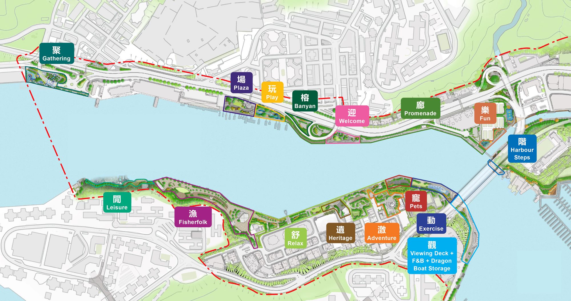 The IISO has formulated proposals for enhancing the waterfront areas on both sides of Aberdeen Typhoon Shelter based on a design framework covering different themed zones.